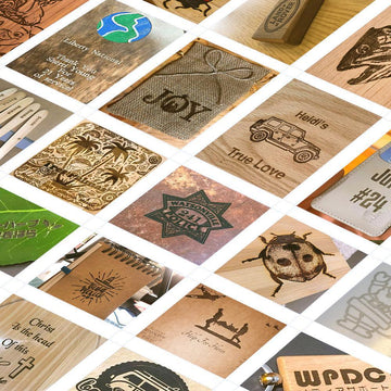 A collage of diverse laser-engraved projects on wood, metal, fabric, and leather, including personalized signs, logos, art, and text, showcasing the creative flexibility of laser engraving technology.