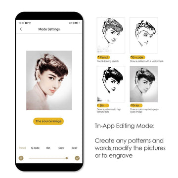 LaserPecker's in-app editing mode lets you convert images into 5 engraving styles (Pencil, G-code, Bin, Gray, Seal), enabling you to create custom patterns, text, and modified pictures directly on your phone for engraving.