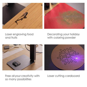 LaserPecker engraver demonstrates its versatility with four creative applications: engraving a fish design on food/fruit, decorating holiday cards with coloring powder, engraving small metal pieces, and cutting a snowflake pattern into cardboard.