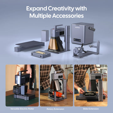 LaserPecker laser engraver ecosystem showcasing a full range of accessories, including a portable power bank, air purifier, rotary extension, slide extension, and versatile electric roller, with the slogan "Expand Creativity with Multiple Accessories".