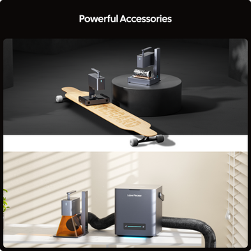 LaserPecker powerful accessories: a rotary extension for curved surfaces like skateboards and tumblers, and a smoke purifier for a clean, safe workspace.