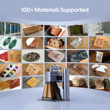 LaserPecker laser engraver showcasing its compatibility with over 100 materials, demonstrated by a collage of engraved projects on metal, wood, leather, glass, acrylic, and more, with the slogan "100+ Materials Supported".