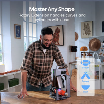 LaserPecker rotary extension enabling easy engraving on curved and cylindrical surfaces, including convex, contoured, and bowl shapes, with the slogan "Master Any Shape".
