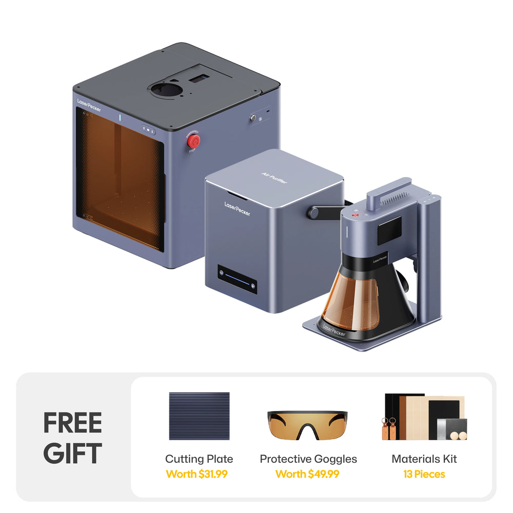 LaserPecker complete laser engraving solution bundle, including the main engraver, protective enclosure, and air purifier, with a free gift of a cutting plate, protective goggles, and 10-piece materials kit.