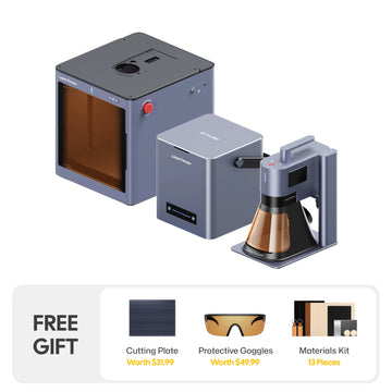 LaserPecker complete laser engraving solution bundle, including the main engraver, protective enclosure, and air purifier, with a free gift of a cutting plate, protective goggles, and 10-piece materials kit.
