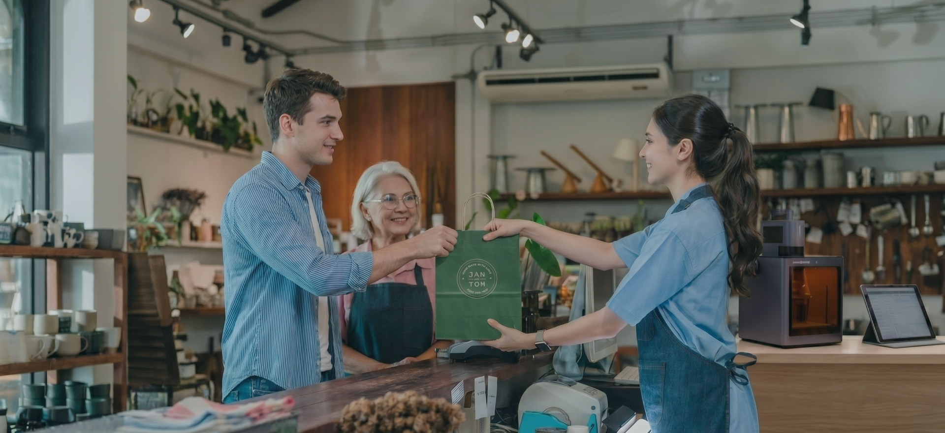 A woman delivering products to customers in a shop.